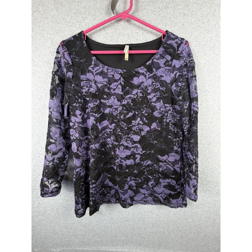 White Stag Blouse Womens Medium Purple Black Floral Lace 3/4 Sleeve Lined Top